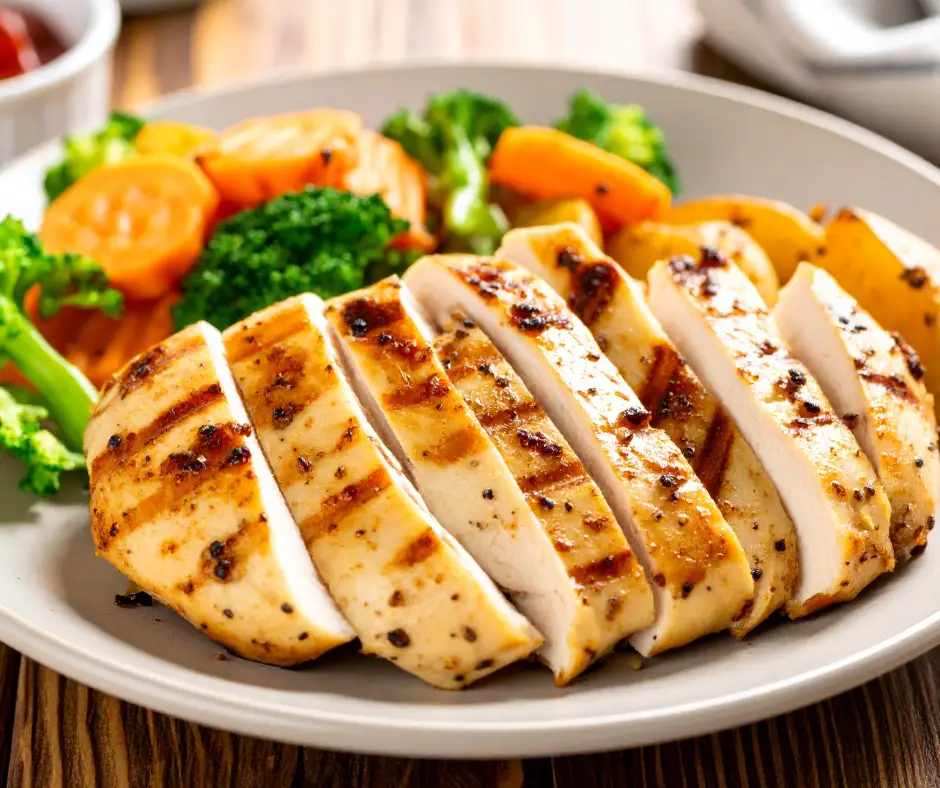 plate of grilled chicken broccoli and sweet potatoes